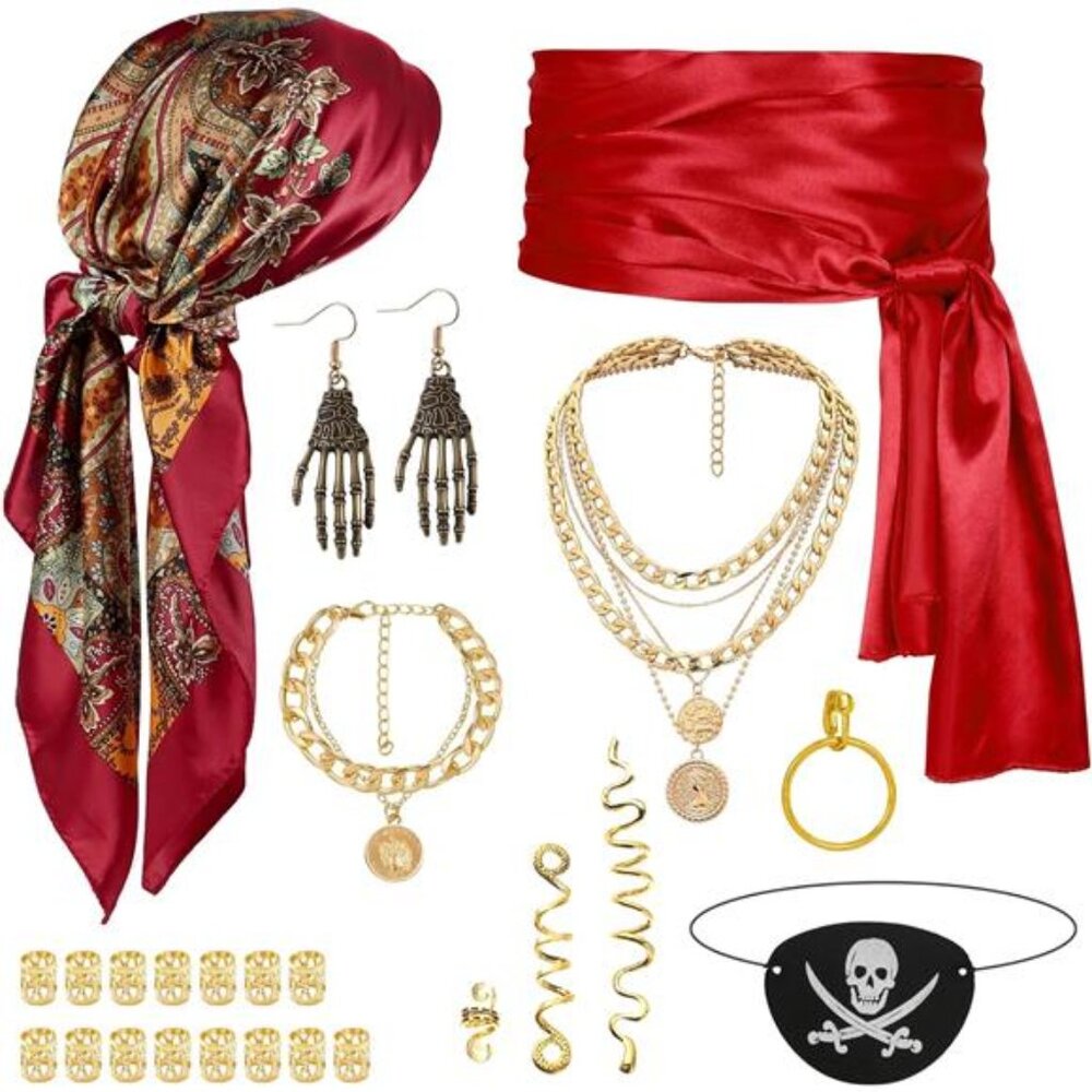 Pirate Costume Accessories for Women Bandana Sash Eye Patch Necklace Earrings
